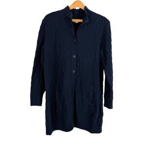 J. Jill Women Navy Cardigan Sweater Cable Knit Size Medium Fisherman Preppy Warm